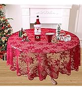 WUBODTI Christmas Red Round Tablecloth Lace Semi Sheer Floral Vintage Table Cover Maple Leafs Pat...