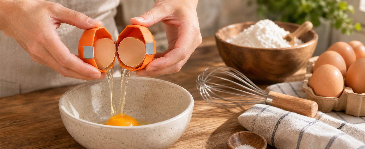 Egg cracker tool opens raw eggs