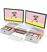 WESTREE Dual Monitor Stand Riser with Two Drawers, Extra Large Storage Monitor Stand for 2 Monito...