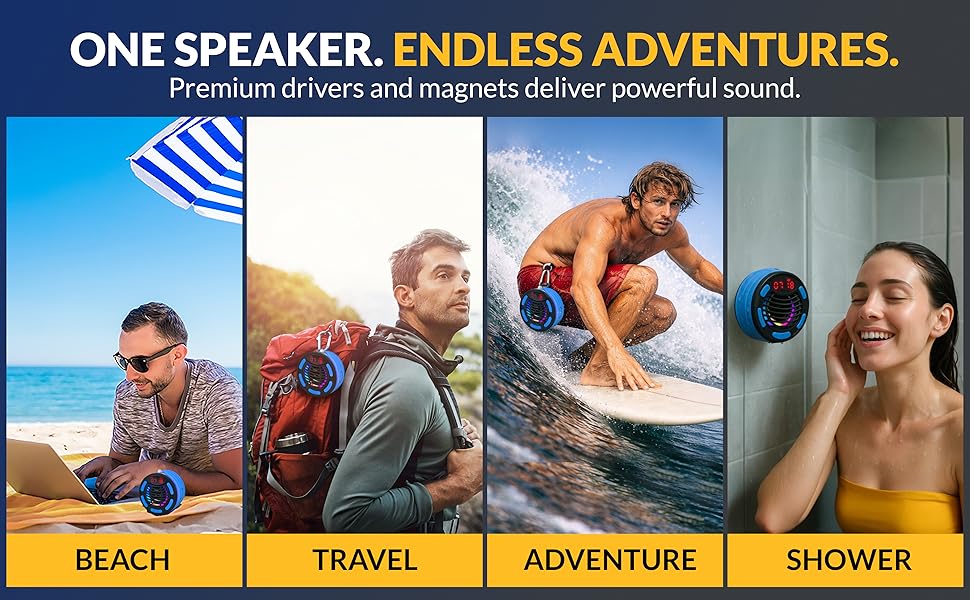 Waterproof beach speaker, hiking gear, &amp;amp; shower radio for travel, surfing, and outdoor adventures