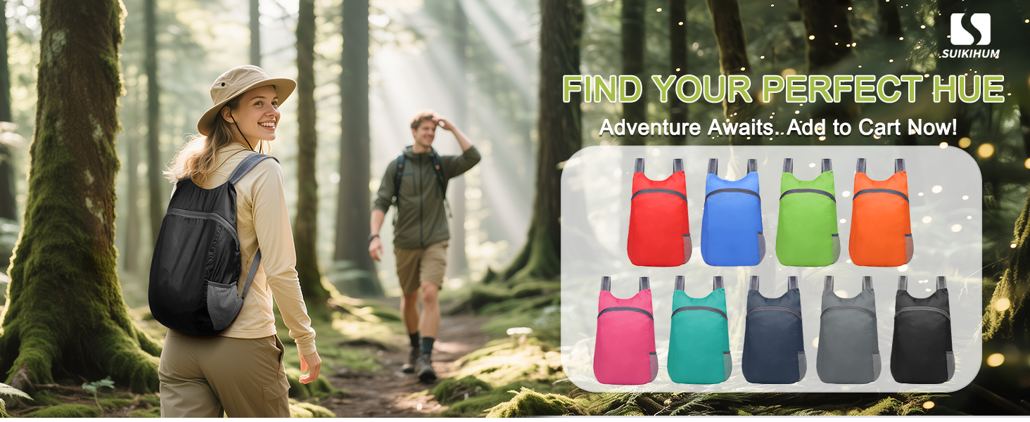 Hiking in forest with SUIKIHUM backpack, multiple colors available.