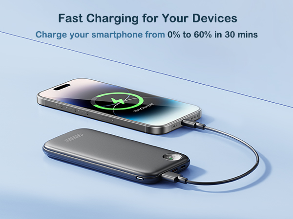 Fast charging device for smartphones, showing a phone charging from 0% to 60% in 30 minutes, connected to a compact power bank.