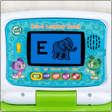 Screen showing the letter "E" and an elephant image