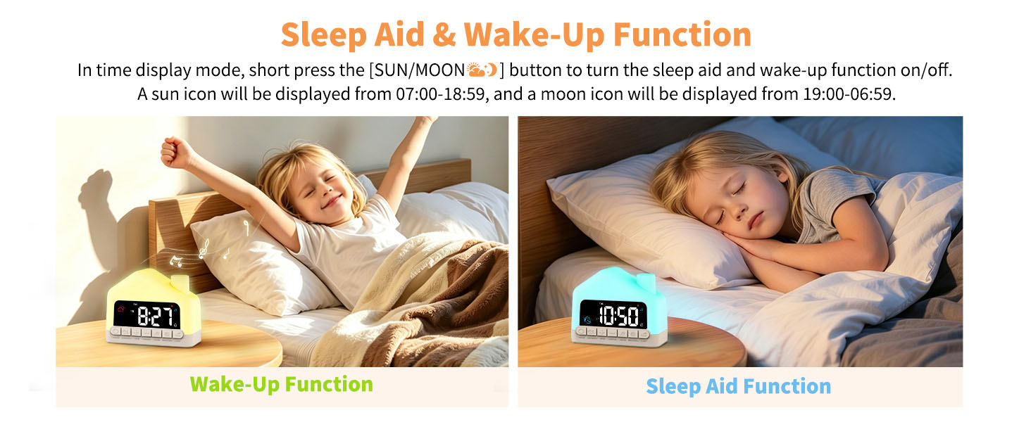 Text reads 'Sleep Aid &amp; Wake-Up Function', 'Wake-Up Function', and 'Sleep Aid Function'. Two panels showing digital clock displays and sleeping/waking scenarios demonstrating alarm and sleep timer features.