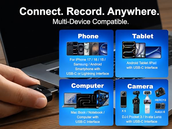 SONEVOX AirMic wireless microphone for iPhone, Android, USB-C devices, tablets and cameras