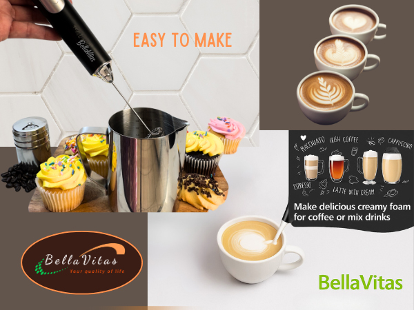 Frother to whisk milk in a stainless pitcher; cupcakes, latte art cups, and cocoa shaker