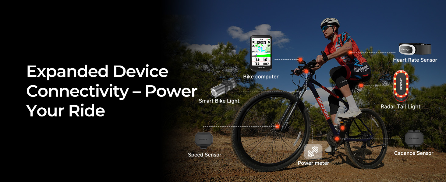 Digital interface display showing expanded device connectivity features for cycling, with mountain bike and rider silhouette in background.