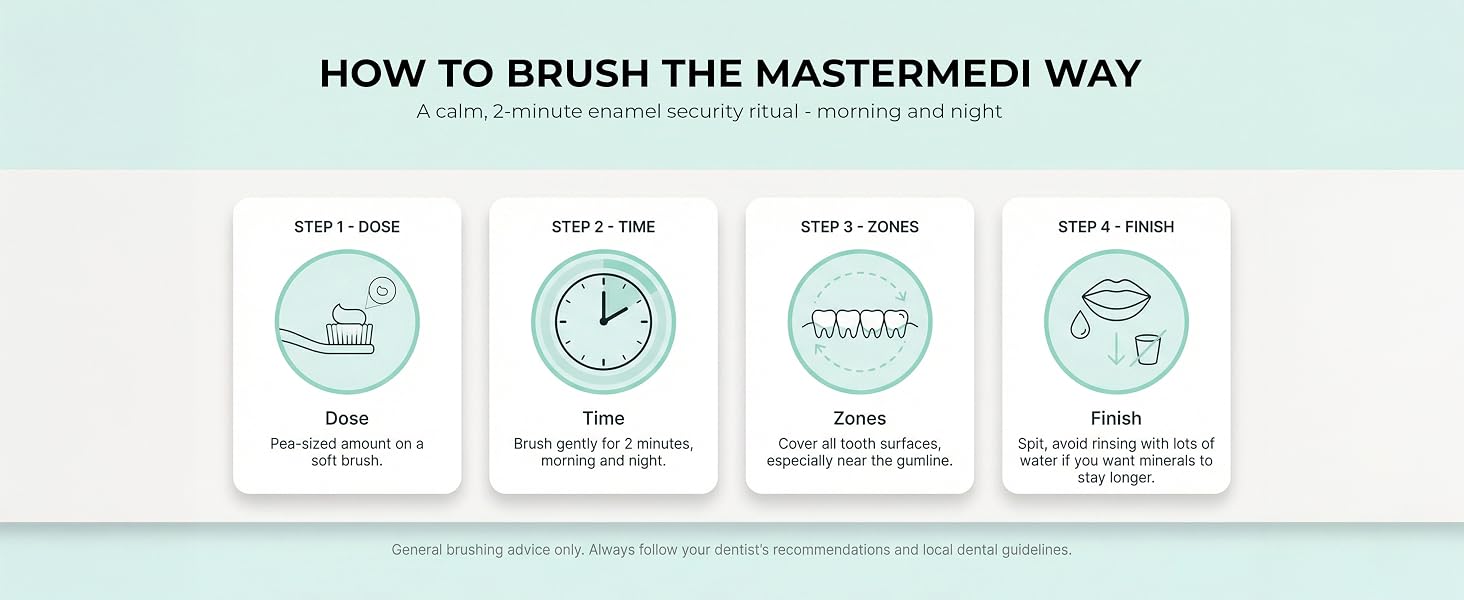 How to brush the MasterMedi way 4-step brushing guide dose time zones finish