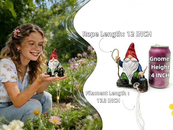 gnome height: 4 inches Hemp rope length: 12 inches Filament length: 17.3 inches