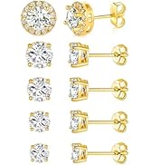 LGYIC 18K Gold Plated Cubic Zirconia Round Stud Earrings, Hypoallergenic, 5 Pairs Set for Women a...