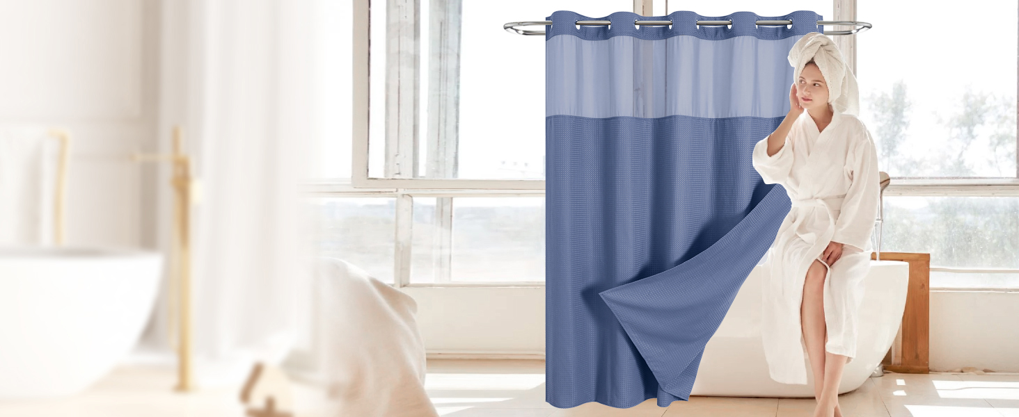  MoonLightBlue No Hook Waffle Weave Shower Curtain with snap-in Liner Replacement