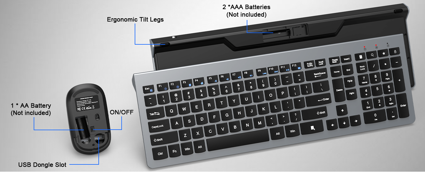 Wireless Keyboard and Mouse Combo, Ultra-Slim Full Size Silent Ergonomic Keyboard Mouse