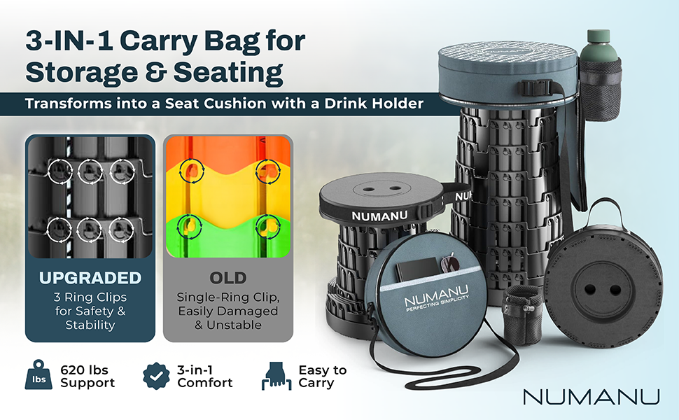 Standard Size Collapsible Stool, Portable Retractable Seat with 3IN1 Carry Bag and Built-in Cushion