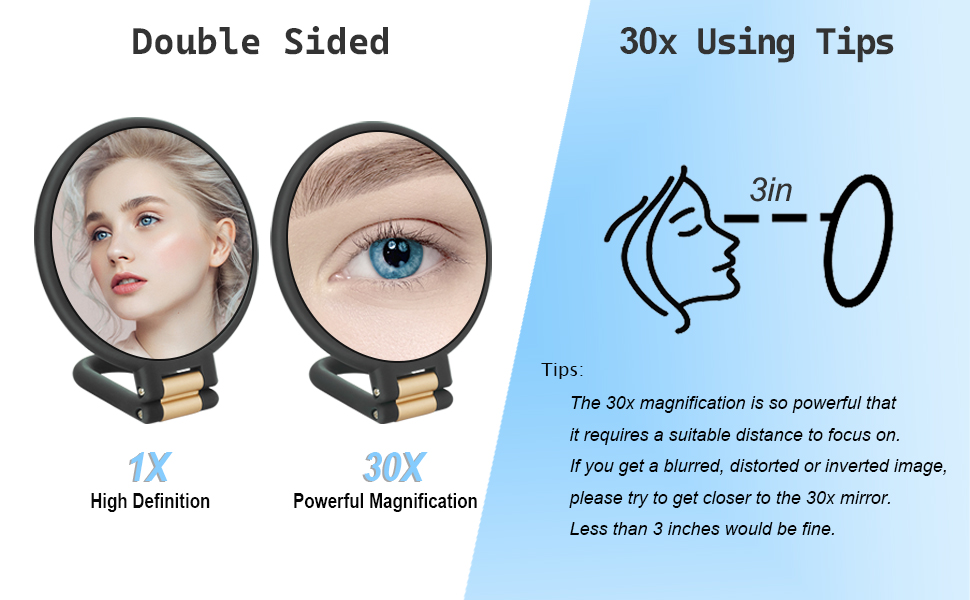10x 20x 30x magnifying mirror, travel mirror, hand held mirror with handle