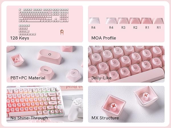 jelly-like transparent top, PBT+PC material, 129-key pink keycaps set, MOA profile