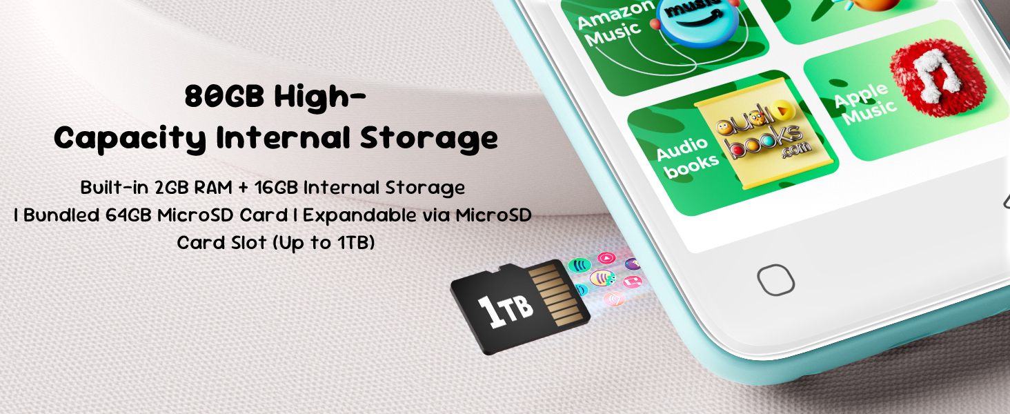 80GB storage: 2GB RAM + 16GB internal + 64GB card; microSD slot expandable up to 1TB.