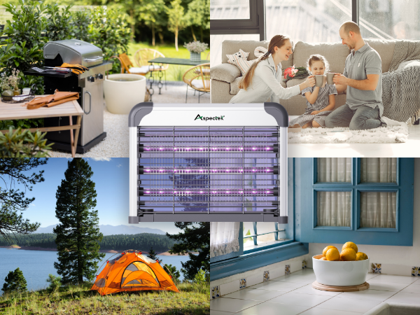 Aspectek bug zapper for indoor, camping, patio, and kitchen use shown in lifestyle settings