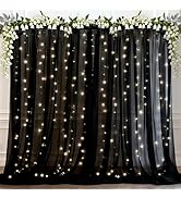 Ledido 10×10ft Black Tulle Backdrop Curtains with Lights String - 300LED Fairy Lights Sheer Curta...