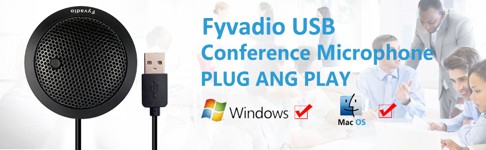 Text reads: 'Fyvadio USB Conference Microphone PLUG AND PLAY Windows'. Black circular microphone with USB connection shown alongside product interface images.