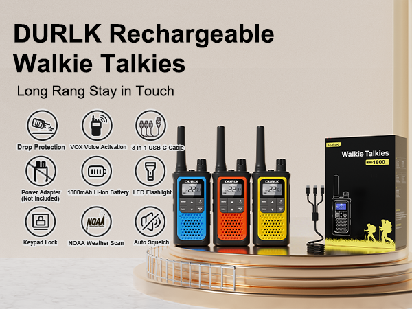 DURLK 3 pack walkie talkies for adults in blue orange yellow with adapter cables and box