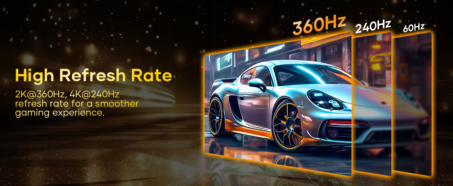 High refresh rate display comparison showing 360Hz, 240Hz, and 60Hz. Features sports car image demonstrating smooth gaming experience.