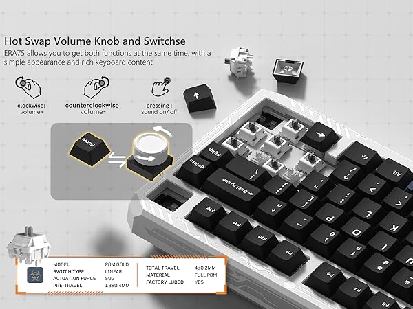 Wireless Gaming Keyboard Black Knob, 75% Aluminum Mechanical Keyboard QMK/VIA