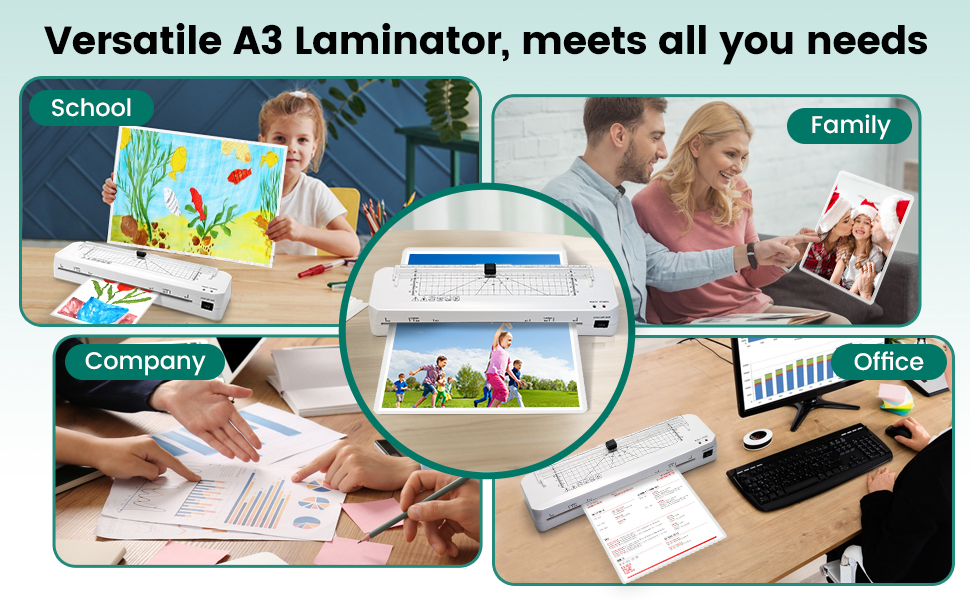 Text reads 'Versatile A3 laminator, meets all you needs.' Composite image showing laminator in use with multiple scenes of document lamination and crafting.