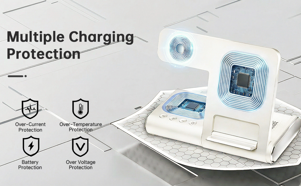 BezosMax wireless charger showing smart chips for over-current, voltage, and temp protection.