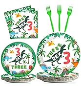 96 PCS Dinosaur 3rd Birthday Tableware Set for 3 Rex Birthday Party Supplies 3 T-Rex Dinner Plate...