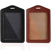 Larpur Pack of 2 Genuine Leather Badge Holders, Vertical ID Card Holders with 1 Clear ID Window