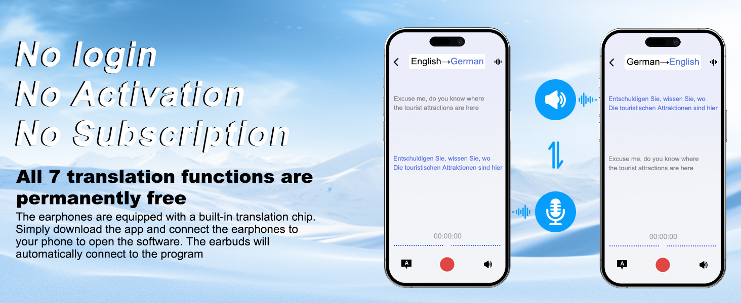 Text reads 'No pain No subscription No gain' above mobile app interface screenshots showing notification and chat features.