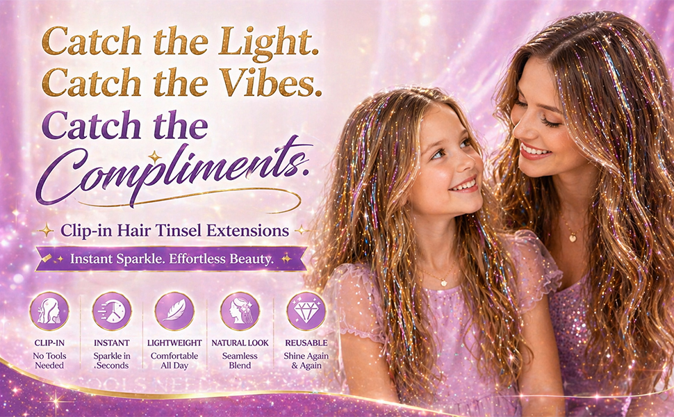 Clip in Hair Tinsel Extensions for women girls, Instant Sparkle, Effortless Beauty
