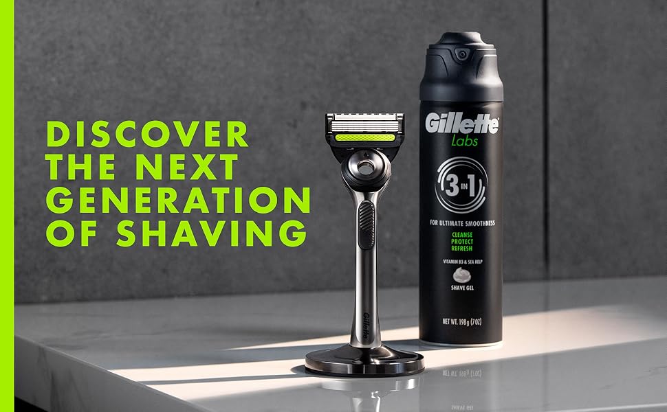 Next generation of shaving. GilletteLabs on its stand beside a GilletteLabs 3in1 shave gel