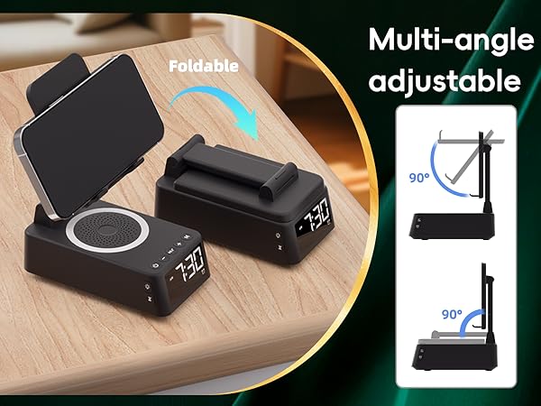 Text reads 'Multi-angle adjustable'. Series of images showing a black electronic device from different angles on a wooden surface