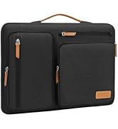 Black laptop sleeve case with multiple zippered compartments, brown leather accents, and handles designed for professional use