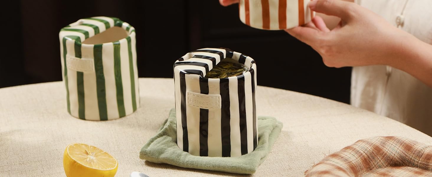 Cozy, retro-inspired striped ceramic mugs