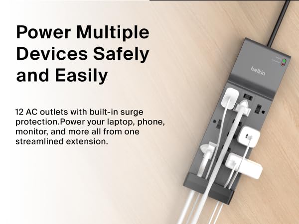  Image of power strip with several plugs with text reading power multiple devices safely and easily.