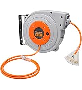 50 Ft Retractable Extension Cord Reel - 14/3 SJTW Heavy Duty Orange Cable - 2 In 1 Mountable &amp; Po...
