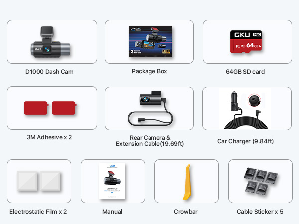 Dash cam accessory kit containing camera unit, SD card, mounting adhesives, car charger, manual, and cable management components laid out in grid format.