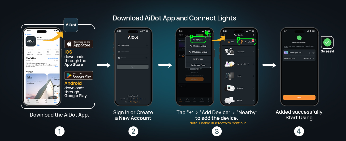 easy connect curtain lights to aidot app