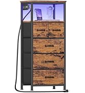 Furnulem Tall LED Dresser with Charging Station, Vertical Storage Tower Unit with Wood Shelf, 5 D...