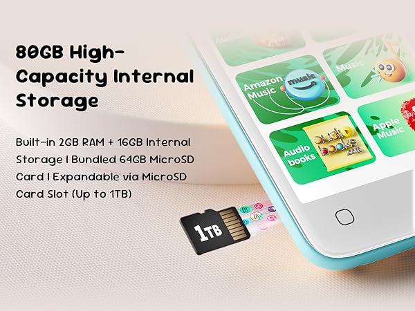 80GB storage: 2GB RAM + 16GB internal + 64GB card; microSD slot expandable up to 1TB.