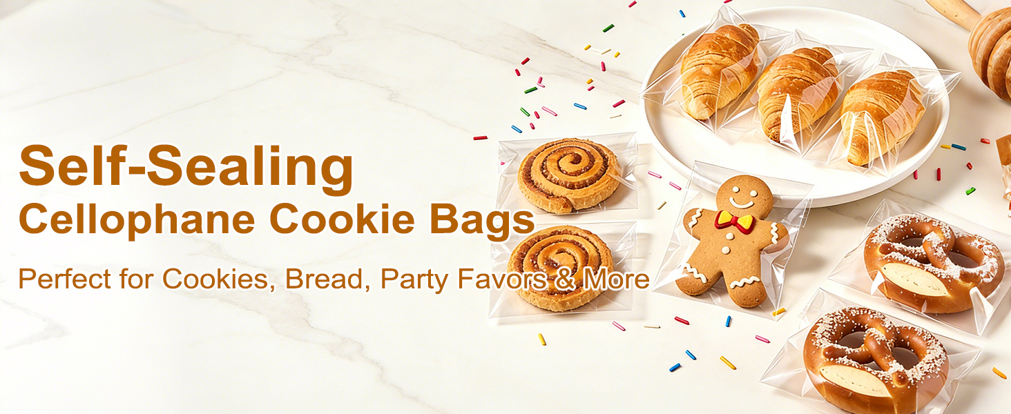 cookie bags, cookie bags with seal, self sealing cellophane bags, cookie bag, individual cookie bags
