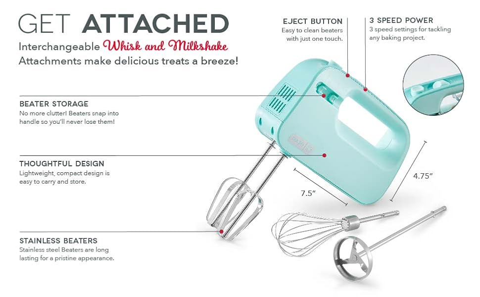 Hand Mixer, Compact, 3 Speed, Beaters, Whisk, Milkshake, 