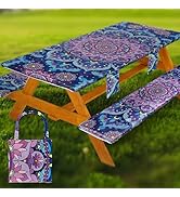 Fitted Picnic Table Cover with Bench Covers Waterproof Elastic Edges Rectangle Patio Tablecloth O...