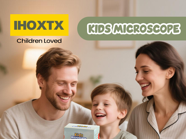 Text reads 'IHOXTX KIDS MICROSCOPE Children Loved'. Marketing image showing family engagement with product.