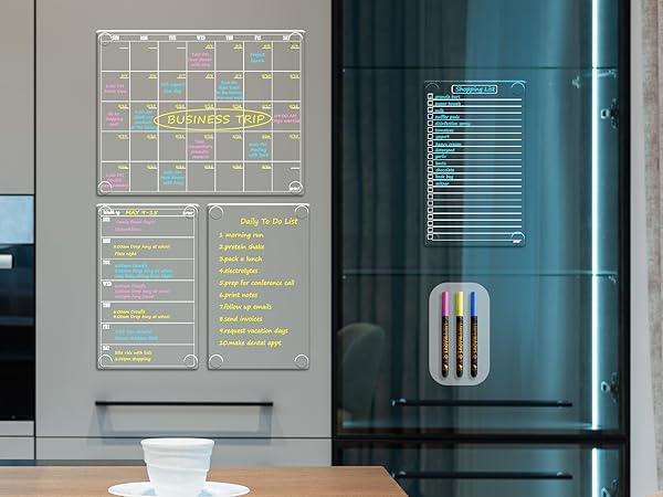 JJPRO Clear Dry Erase Monthly Calendar 4PCS Set for Fridge. Reusable Undated Transparent Calendar