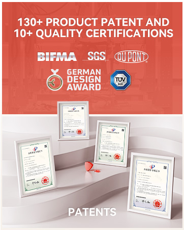 Text reads: '130+ PRODUCT PATENT AND QUALITY CERTIFICATIONS' and 'GERMAN DESIGN AWARD'. Display of certificate documents and award symbols.