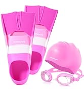 Odoland Swim fins Set with Swim Goggles and Swim Cap, Pink, XXXS