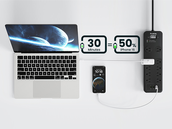 power strip surge protector usb c power strip 10ft 15ft 20ft 25ft extension cord black